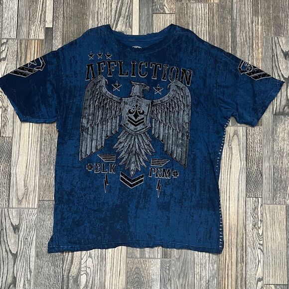 🔥☠️ Y2K AFFLICTION BLK PRM Designer Grunge AOP Graphic Distressed Tee 3XL - EUC - Picture 2 of 14